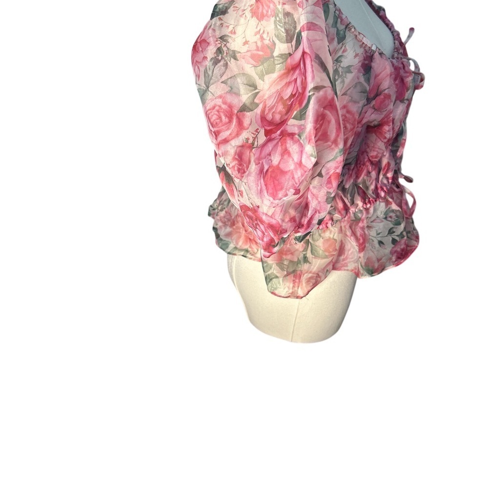 Joie Pink Floral Puff Sleeve Crop Blouse Romantic Coquette Top M - Picture 4 of 8